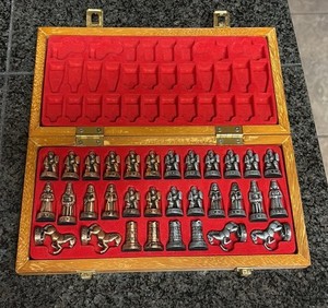 Chess Travel Hinged Wood Board Metal Bronze Silver Pieces Set Small Mini