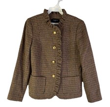 Talbots Blazer Jacket Womens 4 Petite Wool Houndstooth Plaid Ruffled Gold Button
