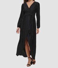 Guess Women's Black Pleated Surplice Long Sleeve Self-Tie Maxi Dress Size 0