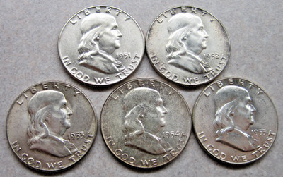 Franklin Half Dollars Five (5) Coin Lot AU-Unc.  1951, 52, 53, 54, 55.