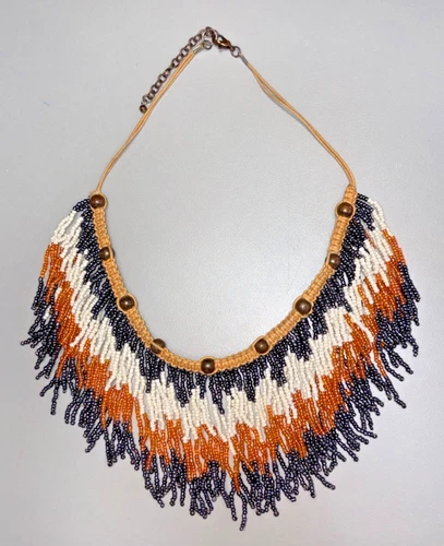 Free People Seed Bead Fringe Bib Collar Statement Necklace Boho Geometric Orange - product listing photo