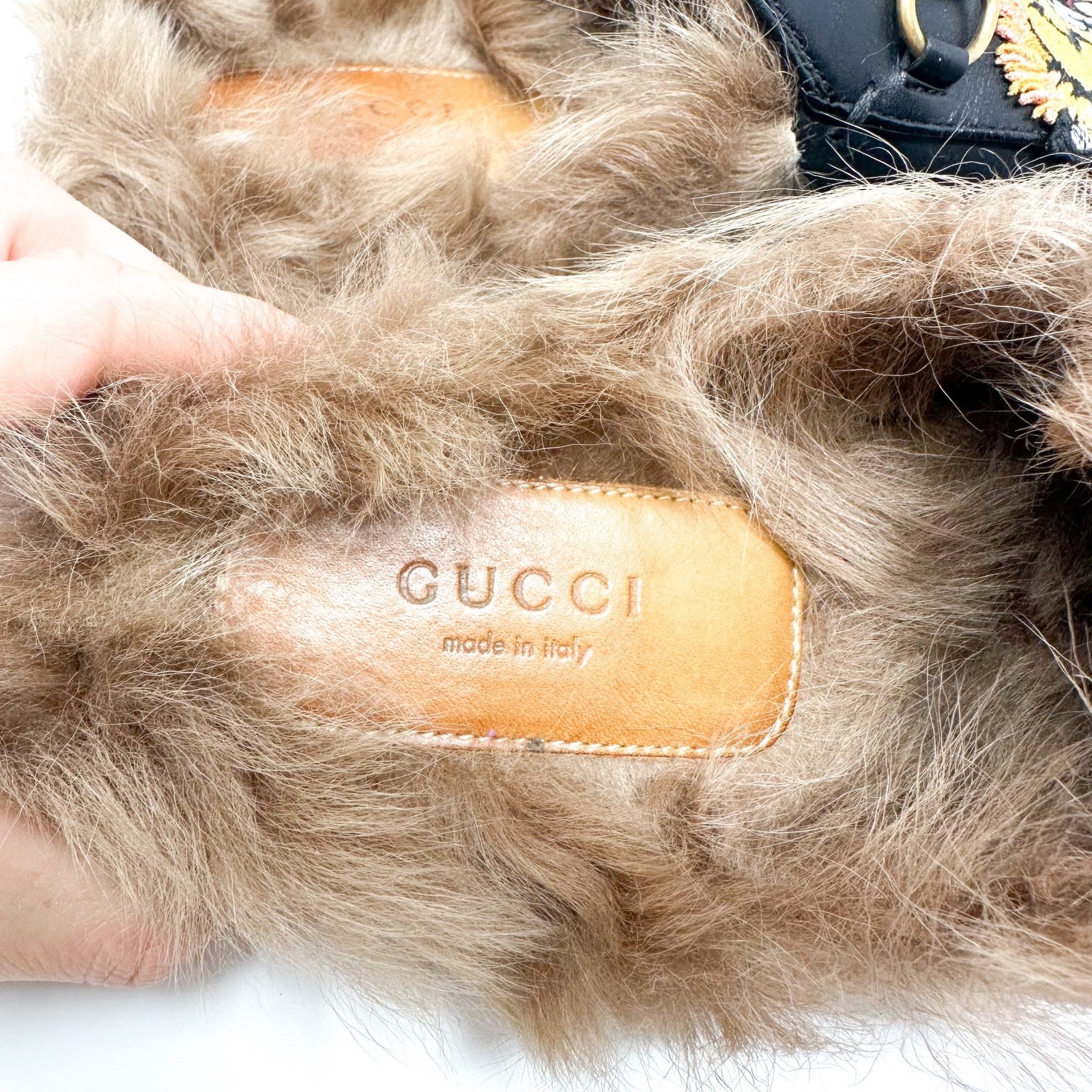 Gucci Princetown Tiger Fur Lined Round Toe Horsebit Canvas Flat Loafer Mules image 9