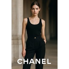 CHANEL Vintage Boutique High Waist Wool Trousers Black gold CC US 10 France