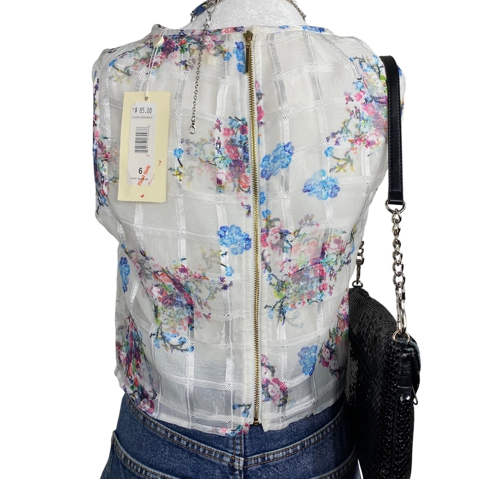 Blusa Erin by Erin Fetherston Floral Transparente Mujer Pequeña Marfil Sin Mangas Top Foto 2 de 4