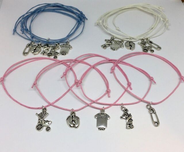 Set Of 5 White Pink Or Blue Wish Bracelets BABY SHOWER Girl/Boy Charm Favours
