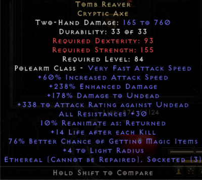 Tomb Reaver ETH 3OS 238 ED, Cryptic Axe,  PC Softcore NL , Diablo 2 Ressurected