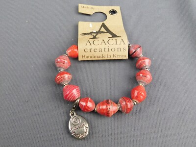 Acacia Creations Fair Trade Recycled Paper Bead Bracelet Buddha Charm Kenya NEW