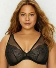 Curvy Couture Glistening Sheer Plunge Bra Black 40G 1296