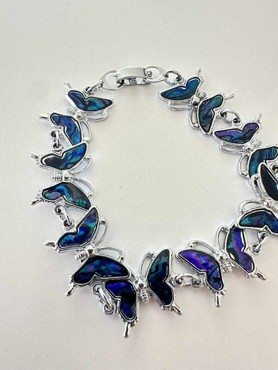 Y2K Blue Abalone Inlay Butterfly Linked Silver Tone Bracelet