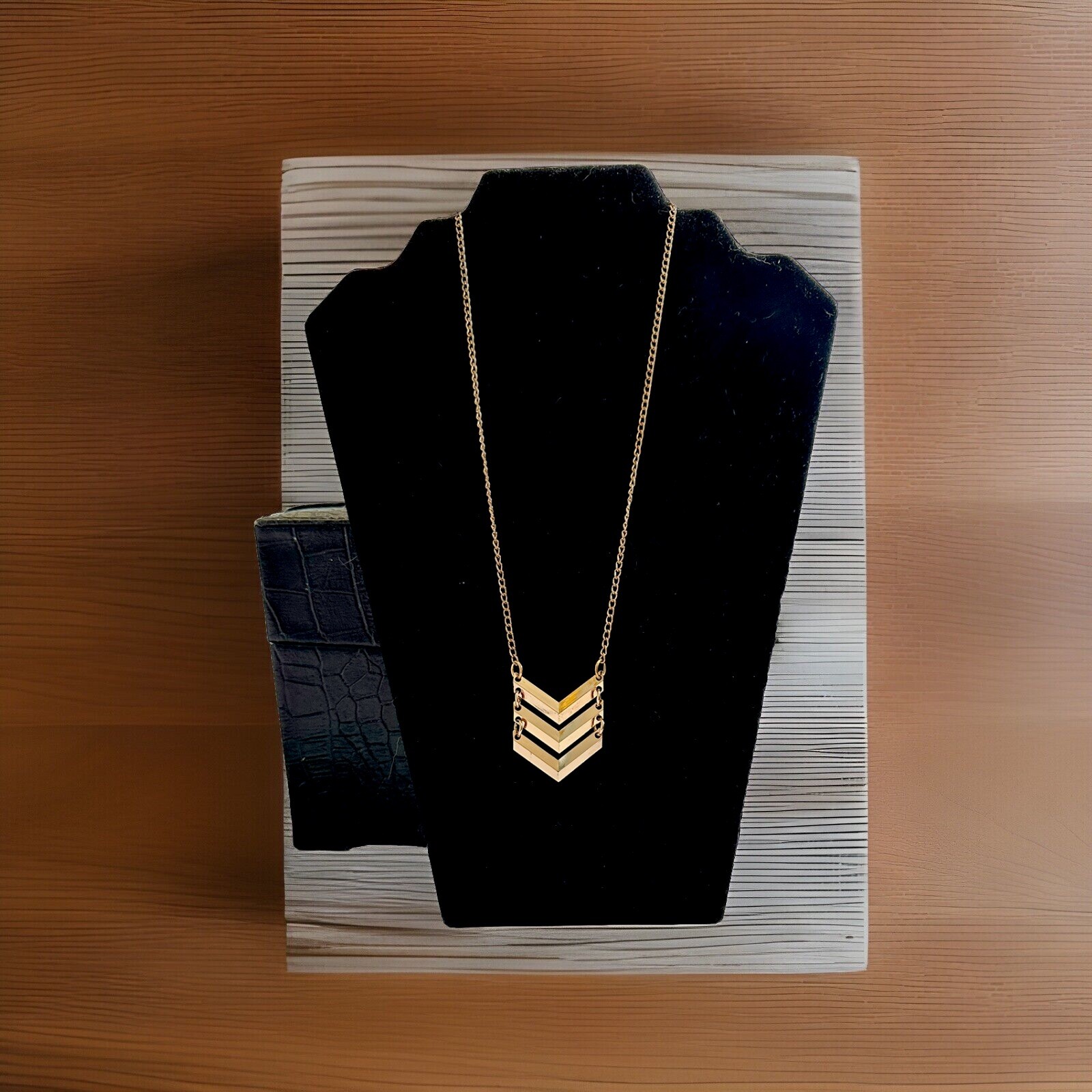 Chevron Patterned Multilayered Gold Tone Pendant … - image 2
