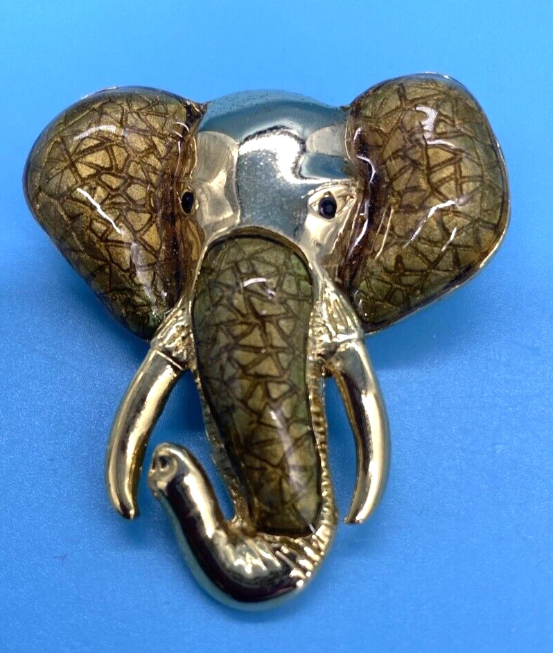 Broche éléphant/signée SJ Supreme bijoux/ton or/métal et émail vert/VINTAGE