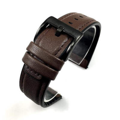 Brown Leather Watch Strap Quick Release Band With Black Steel Buckle #1517