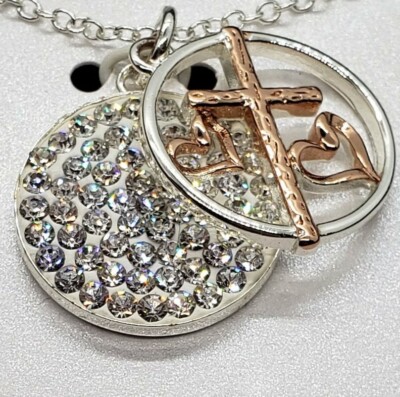 16''  Two-Toned Silver Necklace w/ CROSS & Hearts Pendant - ''Pray hard''