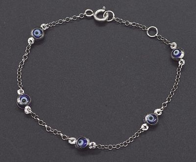 14K White Solid Gold 6''  Blue Color Evil Eye Children's  Bracelet 