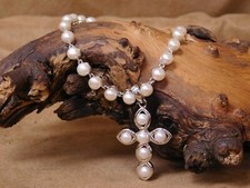 Sterling Silver Synthetic Pearl Cross Bracelet