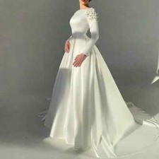 Elegant Muslim Wedding Dress Satin Simple Long Sleeve Beading Flower Bridal Gown