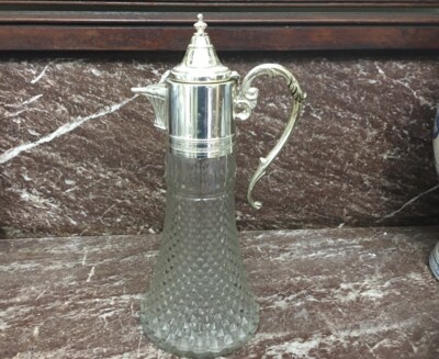Vintage Diamond Point Glass and Silver Plate 24 Oz Coffee Decanter/Carafe