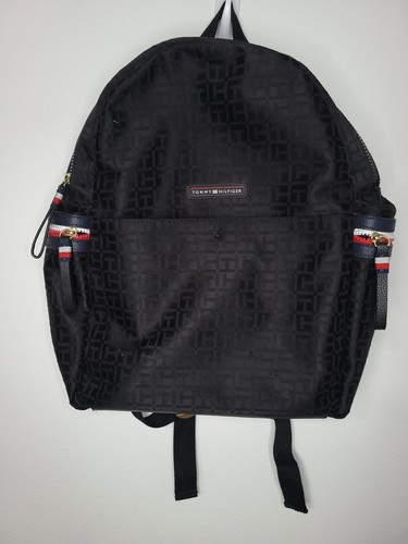 Tommy Hilfiger Monogram Signature Logo Jacquard Black Side Pockets Backpack