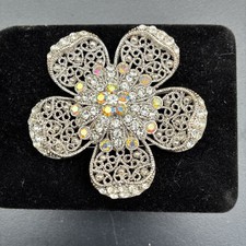 Silver Tone AAi Aurora Borealis Rhinestones Brooch Pin Stunning 2 1/4 Inches