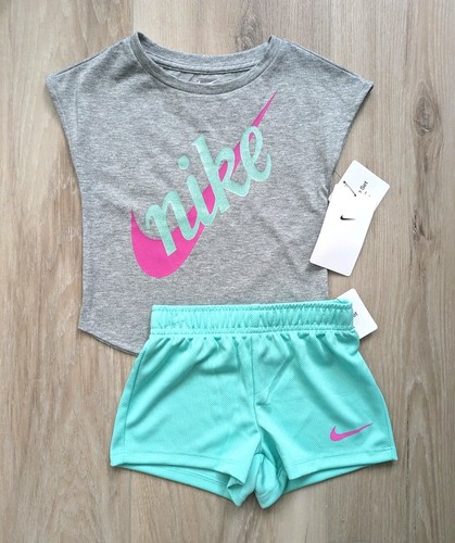 Nike T-Shirt & Shorts Set Girls Size 6 NWT Pink fuchsia & Mint Green 2pc Outfit