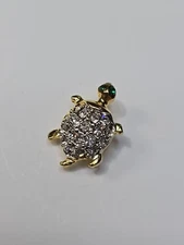 Turtle Lapel Pin Gold Color w/ Clear Faceted Faux Gems Green Eyes Very Small