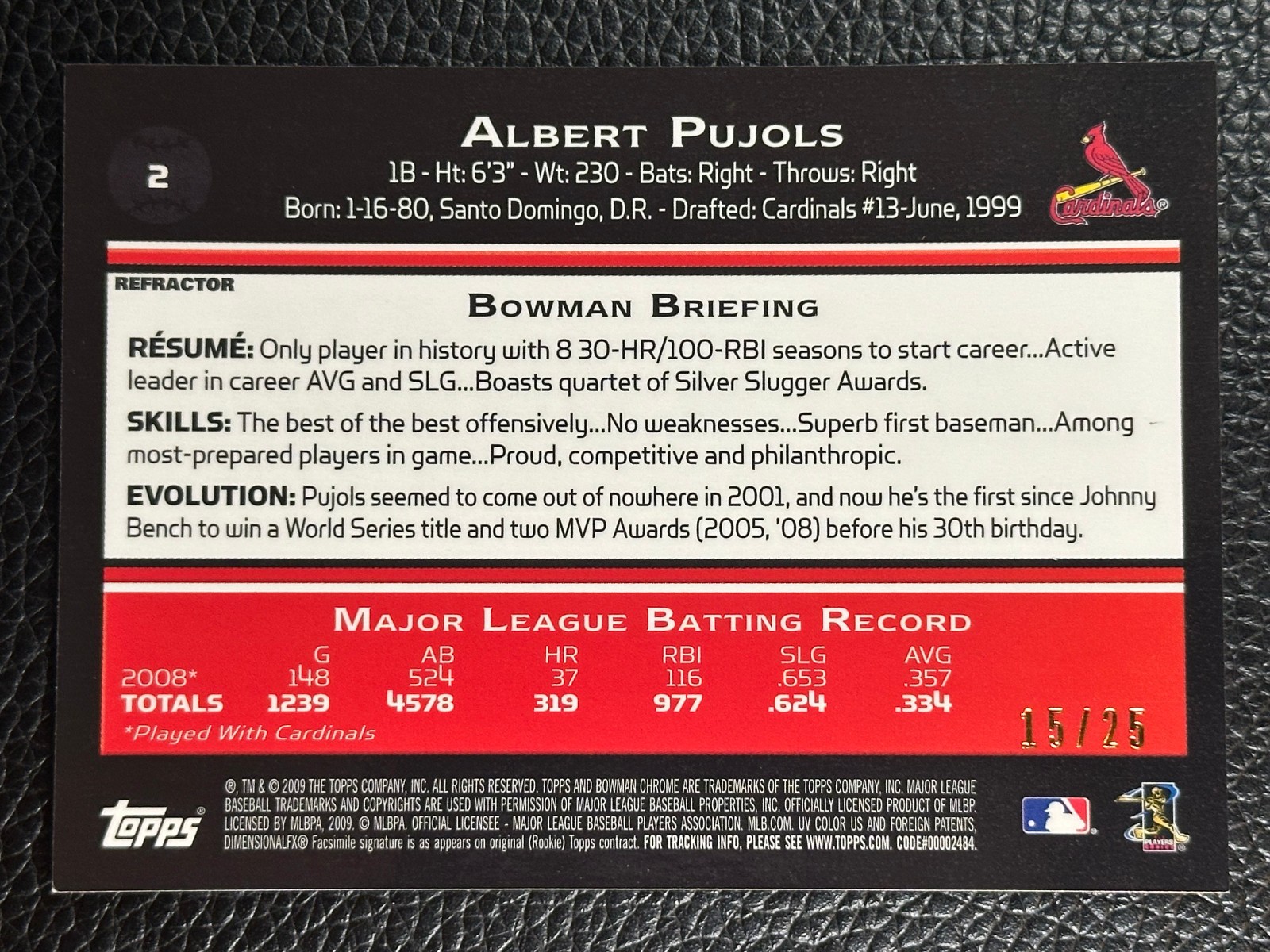 2009 Bowman Chrome Orange Refractor #2 Albert Pujols /25  view 2