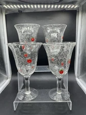 HAND BLOWN ART GLASS CLEAR WATER/WINE GOBLETS WITH APPLIED RED APPLES SET 4