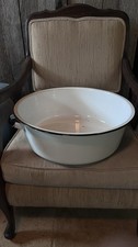 Lg Enamel Ware Tub Basin Oval Wash Bowl 17 X 6  White Black Baby Bath W/ Handles