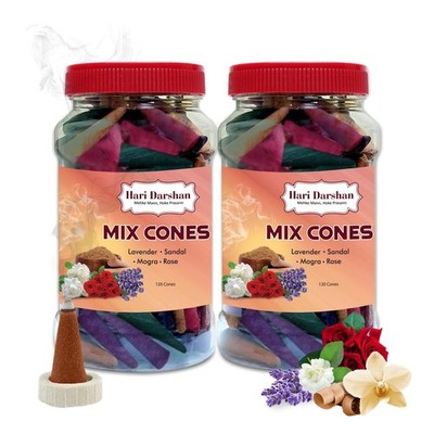 Hari Darshan Natural Dhoop Cones Mix - 240 Cones | Lavender Rose Sandal Mogra |
