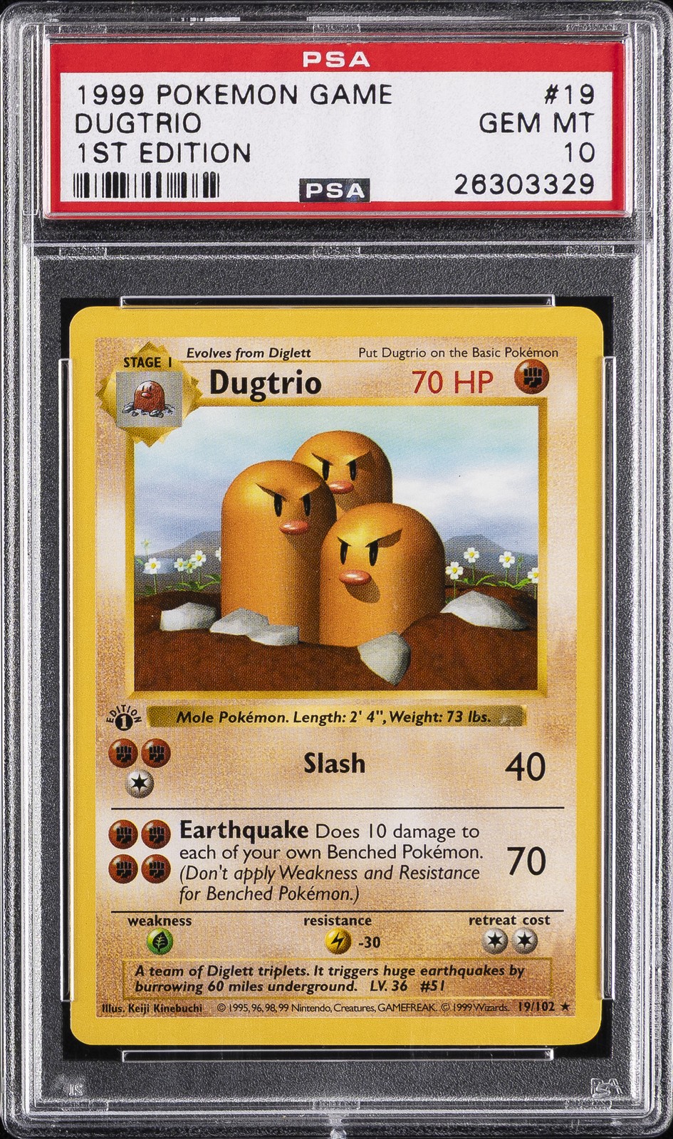 1999 POKEMON BASE SET 1ST EDITION #19 DUGTRIO PSA 10