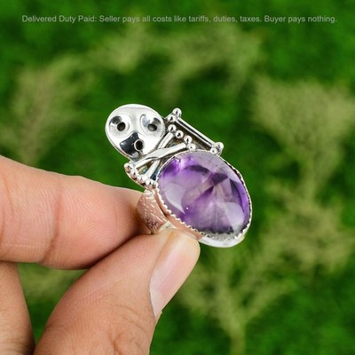 Star Amethyst Gemstone 925 Sterling Silver Promise Skull And Bone Ring Jewelry