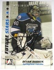 DEVAN DUBNYK SIGNED ITG BETWEEN THE PIPES FUTURE STARS ROOKIE CARD AUTOGRAPH!. rookie card picture