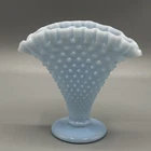 Vintage FENTON Glass BLUE PASTEL Milk Glass 4" HOBNAIL Fan VASE Rare c. 1954
