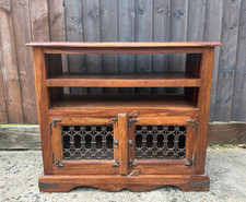 Mango Wood & Metal TV Stand, Dark Wood Brown, 2 Doors, 2 Shelves, Open Storage