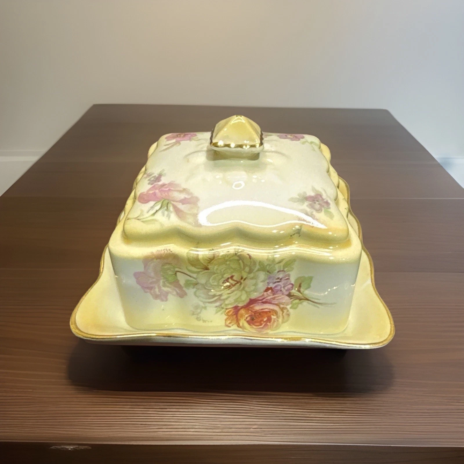 VTG Old Foley James Kent England Covered Butter Dish Floral Gold Trim Scalloped