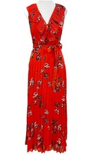 Lulus Loved by You Red Orange Floral Chiffon Maxi Dress S Pleated Ruffle Summer