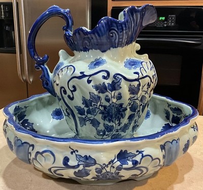 LARGE Chinoiserie Blue Water Pitcher & Basin Set-HEAVY BEAUTY