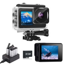 Action with 32GB Memory Card Waterproof Cameras 4 Zoom Dual Screen 131FT 40m ...