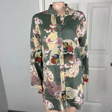 CITRON Santa Monica Women's Blouse L Linen Asian Shirt Top Button Art YY21 