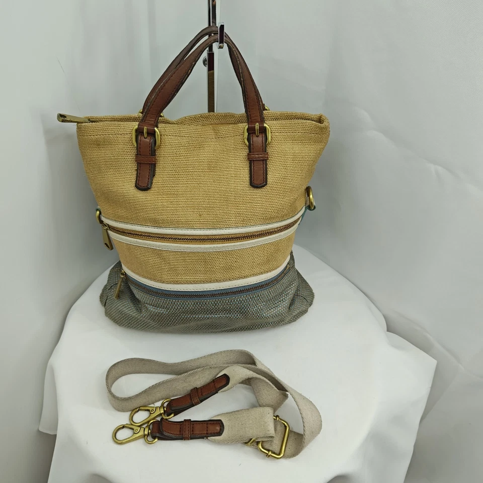 Bolso de Mano Fossil Explorer Dos Tonos Gris Tostado Yute Plegable Bandolera Foto 3 de 4