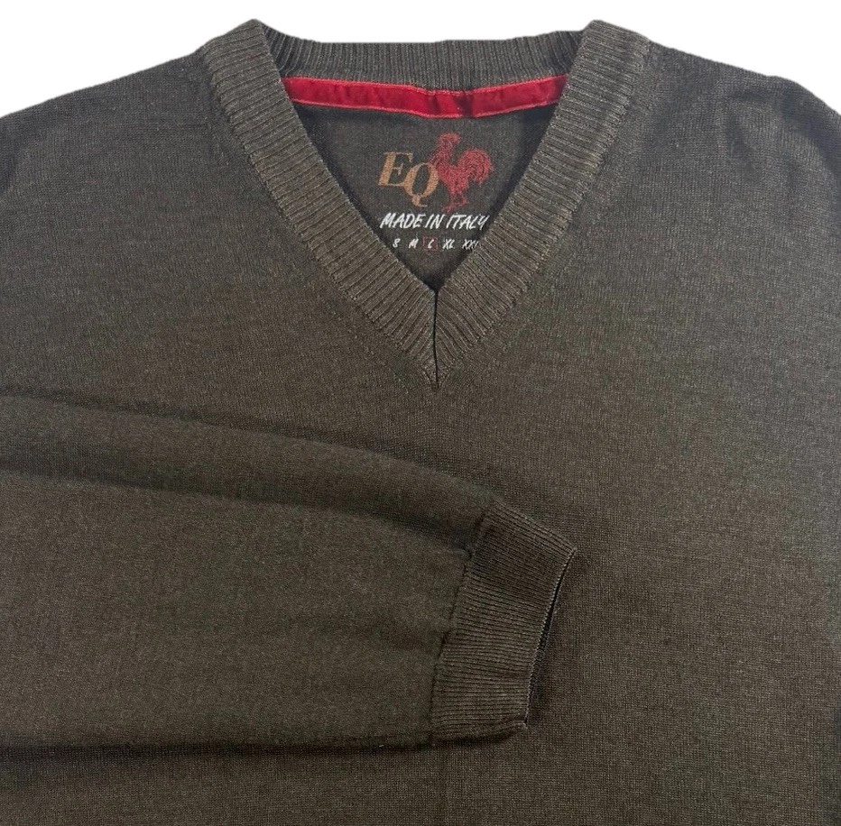 EQ Equilibrio Sweater Italy L Large Brown 100% Merino Wool V-Neck Casual