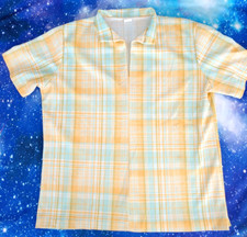 Vintage 60s 70s Men  s Disco Shirt Plaid Camp Collar Large Yellow Blue