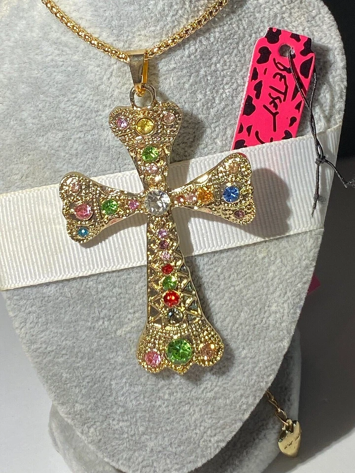 BETSEY JOHNSON CORONA GRANDE CRUZ GRANDE CRISTALES MULTICOLORES COLGANTE ORO Foto 3 de 4