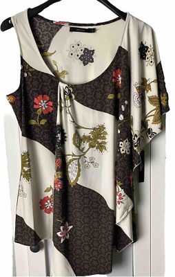 VERTIGO PARIS Women s Size L Brown/Ivory Cap Sleeve Blouse Top Asymmetrical Hem