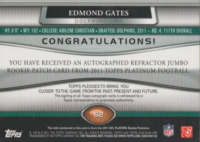 Edmond Gates 2011 Topps Platinum RPA RC rookie patch autograph auto card 62 - Image 2 of 2