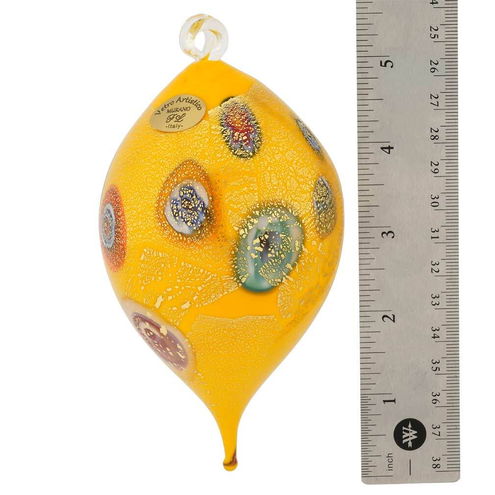 GlassOfVenice Murano Glass Millefiori Drop Christmas Ornament Yellow