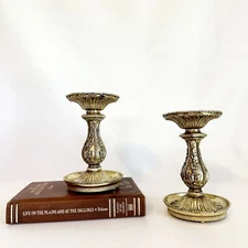 VTG Villy Gold Ornate Cast Metal & Resin Candlestick Pillar Candle Holder SET 2