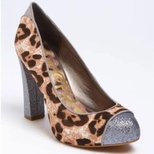 Sam Edelman 6 Frances Pump block Heels Calf Hair Cap Toe Sparkle Animal print