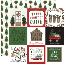 2 Sheets Carta Bella HOME FOR CHRISTMAS 12x12 Cardstock - 4x4 Journaling Cards