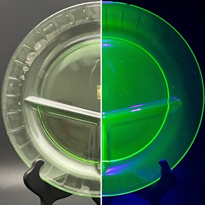 Anchor Hocking Uranium Glass Block Optic Grill Dinner Plate Made in USA 10''dia